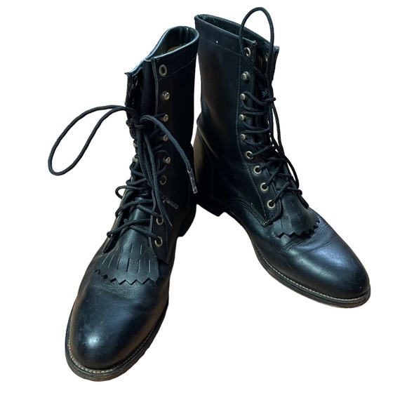 Justin Boots Shoes - VINTAGE 90s Justin Black Leather Lace Up Roper Cowgirl Boots